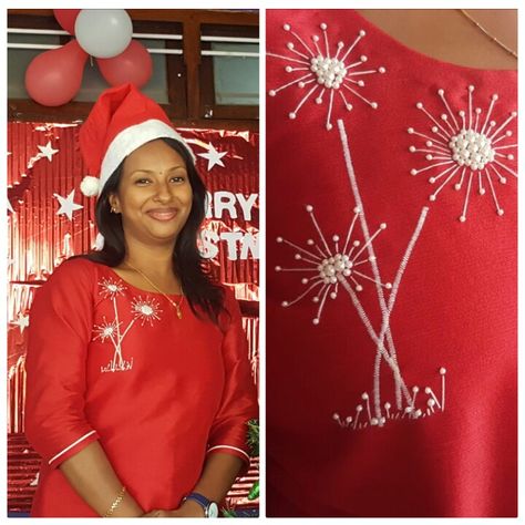 Christmas theme kurti Simple Kurta, Salwar Neck Designs, Hand Embroidery Dress, Simple Kurta Designs, Beads Work, Theme Dress, Embroidery Neck Designs, Blouse Hand Designs, Handwork Embroidery Design