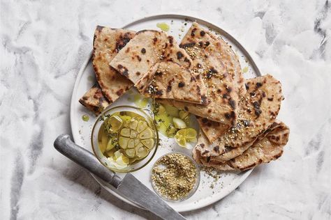 Aish baladi (Egyptian flatbread) Roast Garlic, Kitchen Thermometer, Flatbread Recipes, Garlic Oil, Whole Wheat Flour, Roasted Garlic, Dry Yeast, Flatbread, Mediterranean Recipes