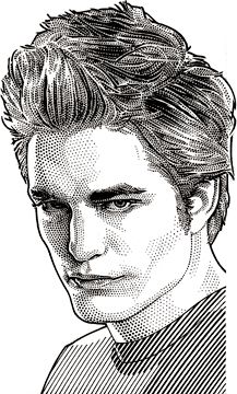 Wall Street Journal portrait (hedcut) of Robert Pattinson Harry Potter Portraits, Sparkle Tattoo, Dotted Drawings, Stippling Art, Eagle Art, Hollywood Men, Art Drawings Sketches Pencil, Silhouette Stencil, Beauty Art Drawings