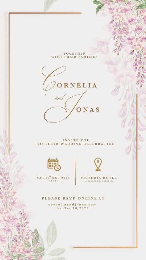 Premium PSD | Digital wedding invitation with pink hyacinths Wedding Cards Images, Cartoon Wedding Invitations, Digital Wedding Invitations Templates, Engagement Invitation Cards, Wedding Card Frames, Digital Invitations Wedding, Floral Cards Design, Green Wedding Invitations, Wedding Invitation Card Design