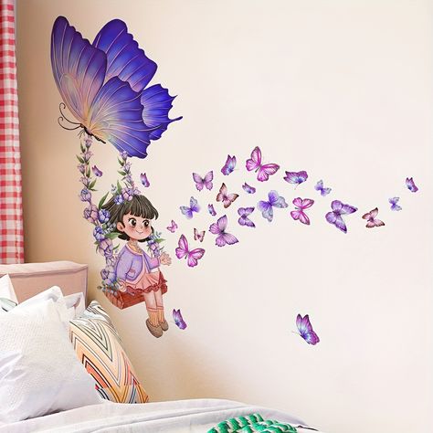 Faster shipping. Better service Unique Wall Painting Ideas Creative, Wall Painting Ideas Creative, 3d Wall Stickers, Girl Swinging, Butterfly Room, Wall Sticker Design, Wall Stickers 3d, Bedroom Wall Paint, Butterfly Wall Decor