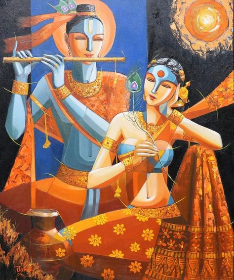 Radha Krishna Paintings, Orange Acrylic Painting, Radha Krishna Modern Art, Radha Krishna Painting, Radha And Krishna, Indian Contemporary Art, Canvas Art Painting Abstract, Modern Indian Art, Modern Art Canvas Painting