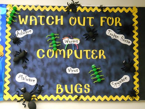 computer bugs Fall Technology Bulletin Board Ideas, Computer Science Classroom, Computer Lab Board Decoration, Computer Science Bulletin Board Ideas, School Computer Lab Decor, Elementary Computer Lab Decor, Lego Teacher, Computer Bulletin Boards, Computer Lab Bulletin Board Ideas