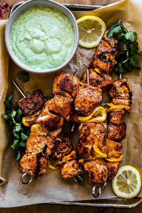 Grilled Salmon Skewers with Cilantro Sauce | So Much Food Salmon Skewers, So Much Food, Seafood Diet, Cilantro Sauce, Grilled Veggies, Grilled Salmon, Delicious Dinner, Fish Dishes, Seafood Dishes