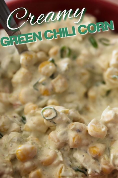 Creamy Green Chili Corn - Half Baked Recipes Green Chili Corn Dip, Green Chili Corn Casserole, Cream Corn Crockpot, Green Chili Corn, Green Chile Corn, Crock Pot Corn, Cream Cheese Corn, Baked Recipes, Crockpot Chili