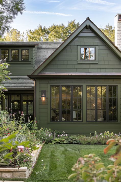 Peacock Green House Exterior, Dark Green Exterior Cottages, Viking Farm, Green Siding House, Green Home Exterior, Green House Paint, Green House Color, Green Exterior House Colors, Green House Exterior