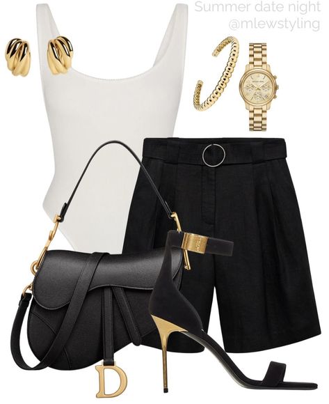 Dior Saddle Bag Black, Black And Gold Heels, Black And Gold Outfit, Summer Date Night Outfit, Trouser Shorts, Heels Summer, Miami Outfits, Professional Outfits Women, Neutral Aesthetic