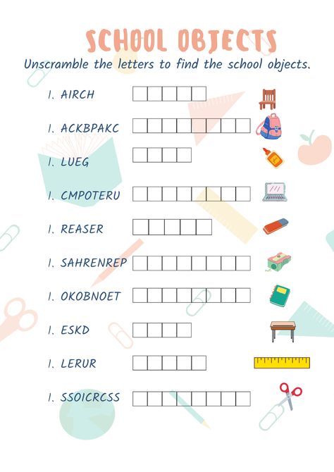 School Objects Worksheet, Chicken Anatomy, Scramble Letters, School Objects, Classroom Objects, Jumbled Words, Unscramble Words, School Places, Alphabet Worksheets Kindergarten