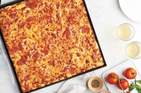 Grandma Pizza Recipe | King Arthur Baking: A crispy and dense-crusted pizza for a quick-and-easy weeknight dinner. Grandma Pizza, Sicilian Style Pizza, Pizza King, Leftover Pizza, King Arthur Baking, King Food, Large Pizza, King Arthur Flour, Pan Pizza