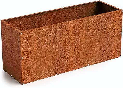 DIY CARTEL Corten Steel Rectangular Outdoor Planter Box, Rustic & Modern Farmhouse Design, Large Raised Metal Garden Bed for Commercial & Residential Use (36in x 12in x 16in) Outdoor Planter Box, Rectangular Planter Box, Metal Trough, Metal Garden Beds, Outdoor Planter Boxes, Corten Steel Planters, Rustic Modern Farmhouse, Trough Planters, Rectangular Planters