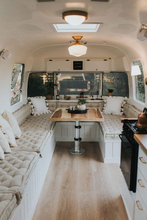 Airstream Excella Remodel, Remodeled Airstream Interiors, Vintage Airstream Interiors, Airstream Decorating Ideas, Airstream Bed, Airstream Interior Ideas, Airstream Design, Airstream Bar, Remodel Camper