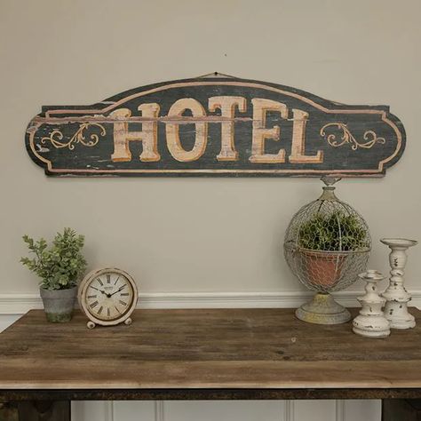 Weathered Wood Hotel Sign | Antique Farmhouse Vintage Welcome Sign, Antique Hotel, Old Wood Signs, Hotel Wall Art, Distressing Painted Wood, Hotel Sign, Vintage Wood Signs, Vintage Signage, Stairs Ideas