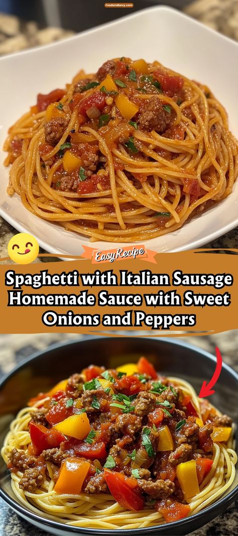 Enjoy a hearty plate of Spaghetti with Italian Sausage, featuring a homemade sauce rich with sweet onions, peppers, and robust Italian sausage. This comforting pasta dish is simmered to develop deep, rich flavors, perfect for a family dinner or when you’re craving Italian. #SpaghettiDinner #ItalianSausage #HomemadePastaSauce Dishes With Italian Sausage, Spaghetti With Italian Sausage, Italian Sausage Sauce, Spaghetti Tomato Sauce, Sausage Sauce, Pasta Sauce Homemade, Sausage Spaghetti, Spaghetti Dinner, Sweet Onions