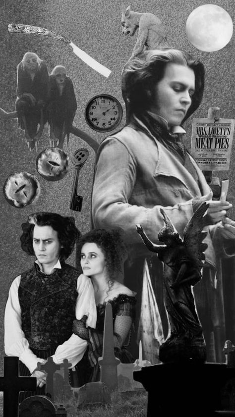 Sweeney Todd #moodboard #shuffles #collage #vintage #sweeneytodd #demonbarber #fleetstreet #mrslovett #sweeney #thedemonbarberoffleetstreet #helenabonhamcarter #Johnnydepp #timburton #blackandwhite Sweeny Todd Wallpapers, Sweeney Todd Aesthetic Wallpaper, Sweeney Todd Wallpaper, Shuffles Collage, Mrs Lovett, Johnny Depp Characters, Grunge Wallpaper, Black Pit, Tim Burton Movie