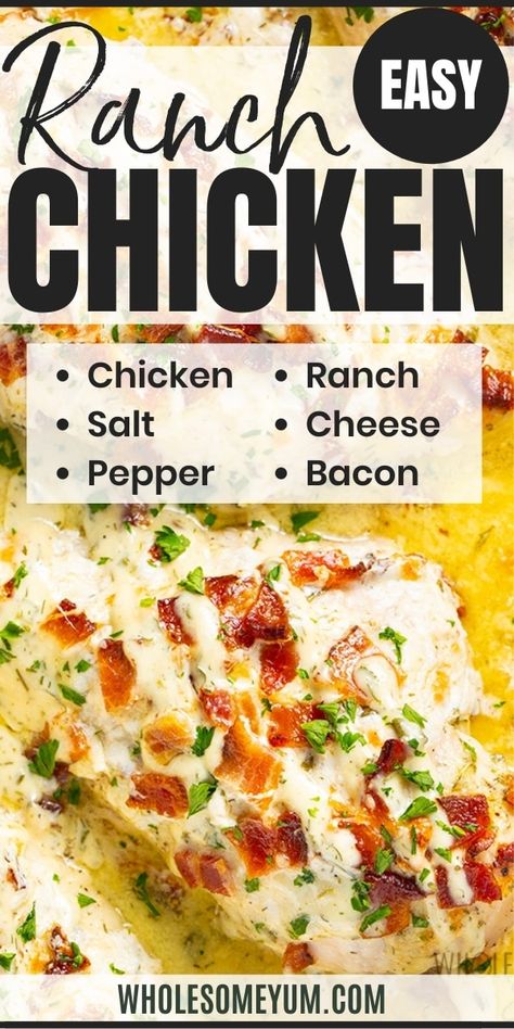 Baked Cheesy Bacon Ranch Chicken Recipe - This EASY baked ranch chicken recipe needs just 4 ingredients + 10 minutes prep! The whole family will love this cheesy bacon ranch chicken breast. #wholesomeyum Basic Baked Chicken Breast, Easy Baked Ranch Chicken, Cheesy Bacon Ranch Chicken, Chicken Bacon Ranch Bake, Ranch Chicken Recipe, Cheesy Chicken Recipes, Bacon Ranch Chicken, Baked Ranch Chicken, Ranch Chicken Recipes