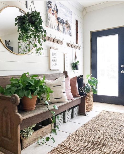 Farmhouse Entryway Decor, Church Pew Bench, Pew Bench, Farmhouse Mudroom, Farmhouse Entry, Church Pews, Gorgeous Farmhouse, Industrial Entryway, Farmhouse Entryway