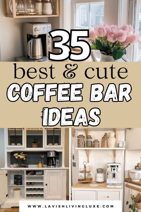 Looking for stylish yet functional coffee bar ideas to recreate? Check out these cute 35 coffee bar ideas that are stylish and functional! We have compiled the best coffee bar ideas in this post and just know there will several coffee bar ideas you'll love and be able to recreate! Small Counter Coffee Bar Ideas, Coffee Drink Station Ideas, Coffee Beverage Bar Ideas, Home Tea Bar Ideas, Tiny Coffee Bar Small Spaces, Free Standing Coffee Bar Ideas, Small Coffee Bar Ideas Bedroom, Boho Coffee Station Ideas, Cappuccino Bar Ideas