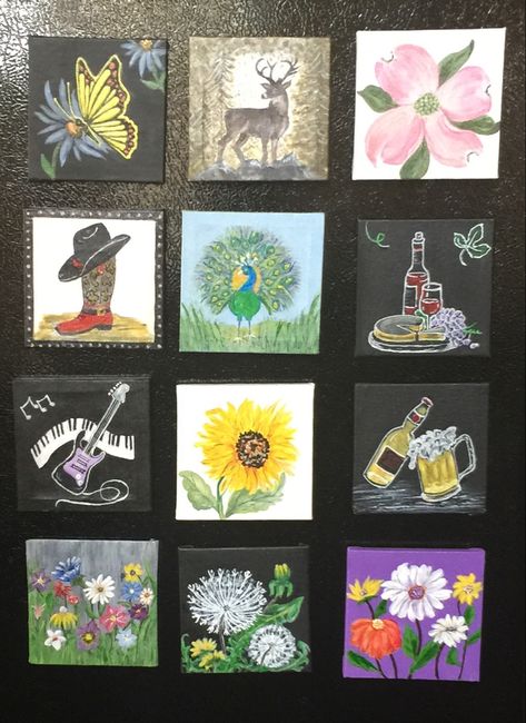 Mini canvas, acrylic paint, magnets Magnet Canvas Painting Ideas, Magnet Paint, Magnet Painting, Magnet Ideas, Mini Magnets, Magnet Crafts, Canvas Acrylic, Mini Canvas, Art Business