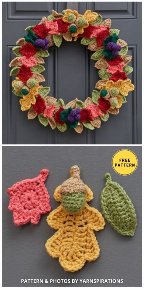 Thanksgiving Crochet Garland, Christmas Crochet Wreath Patterns Free, Crochet Fall Wreath Free Pattern, Crochet Turkey Pattern Free, Crochet Fall Patterns Free, Thanksgiving Crochet Patterns Free, Crocheted Wreaths, Crocheted Leaves, Thanksgiving Crochet Patterns