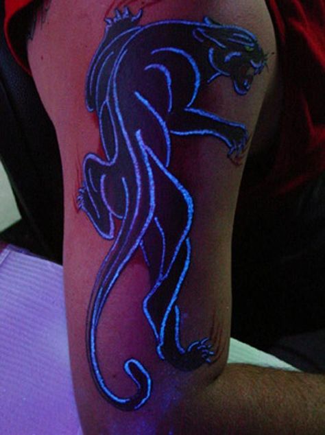 UV Ink: Blacklight Tattoo Designs: Blacklight Reactive Panther Tattoo Blacklight Tattoo, Uv Ink Tattoos, Panther Tattoos, Black Light Tattoo, Black Panther Tattoo, Uv Tattoo, Panther Tattoo, Light Tattoo, Meaningful Tattoos For Women