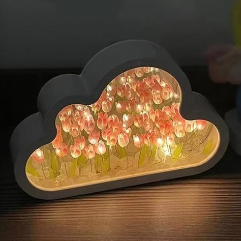 Tulip Mirror, Diy Table Lamp, Cloud Mirror, Tulip Lamp, Cloud Night Light, Diy Clouds, Flower Bedroom, Flower Lamp, Mirror Lamp