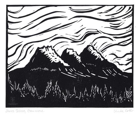 Three Sisters Canmore | Linocut Relief Print, Hand Pulled Fine Art, Open Edition, Printmaking by LindaCoteStudio on Etsy https://www.etsy.com/listing/740563905/three-sisters-canmore-linocut-relief Linocut Landscape, Sun And Moon Art, Black White Wall Art, Lino Art, Moth Art, Linocut Art, Relief Print, Nature Posters, Bird Artwork