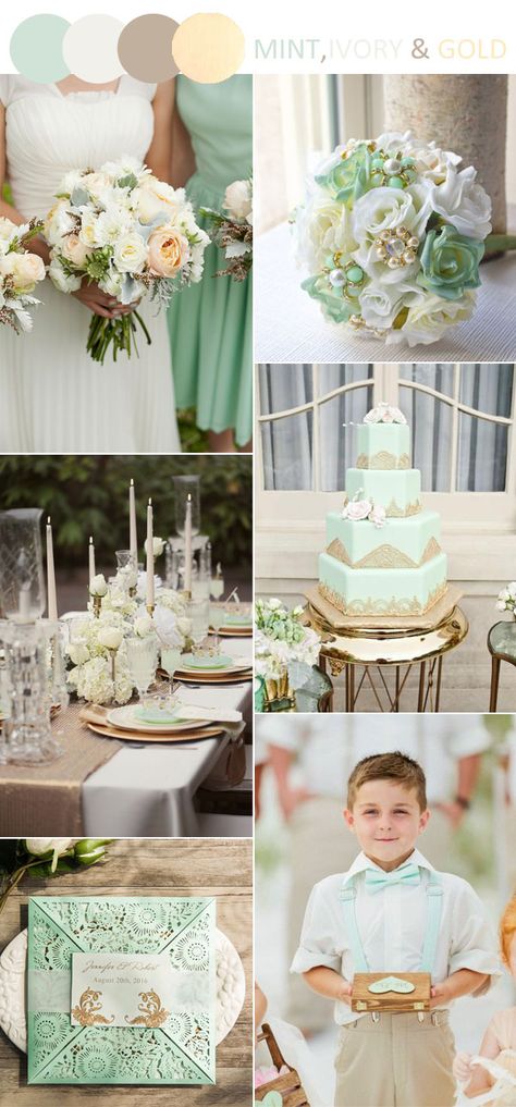 mint,ivory and gold country wedding color palette ideas Ivory Wedding Decor, Country Wedding Colors, Wedding Color Palette Ideas, Vintage Wedding Colors, Wedding Parties Colors, Wedding Mint Green, Color Palette Ideas, Wedding Country, Spring Wedding Colors