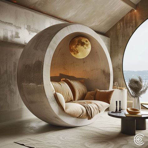 The Moon Sphere Couch is a stunning, sphere-shaped piece with a cozy couch nestled inside. This unique design creates an intimate, cocoon-like seating area, perfect for relaxation and conversation. The exterior boasts a sleek, modern look, while the interior offers plush cushions for ultimate comfort. Ideal for making a bold statement in any living space, the Moon Sphere Couch combines innovative design with luxurious comfort. Conceptual AI Art Follow @ecosapiens for more! Furniture Aesthetic, Unique Seating, Architectural Landscape, Unique Sofas, Cozy Couch, Interior Decorator, Tea House, Innovative Design, Designer Furniture