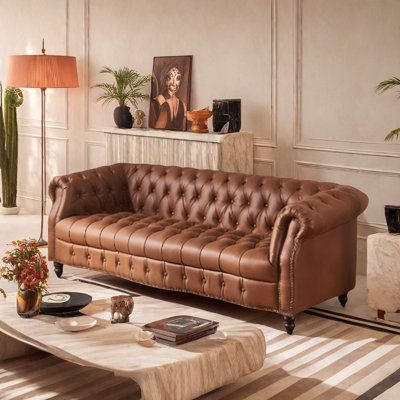 Full of design and simple sense, taking into account the dual value of beauty and practicality. Danbenla design | Danbenla design American Retro Living Room Sofa 62.99" Chesterfield Sofa Faux Leather in Brown | 29.92" H X 62.99" W X 37.40" D | Wayfair Dark Brown Leather Couch Decor, Living Room Brown Sofa, Chesterfield Couch, Perspective Design, Brown Sofa Living Room, Living Room Brown, Retro Living Room, Room Brown, Sofa Brown