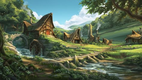 Rhubarb Village, Elliot Upton on ArtStation at https://www.artstation.com/artwork/yK34O Halfling Village Art, Fable Concept Art, Concept Art Village, Halfling Village, Fantasy Artwork Landscape, Fantasy Village, Creature Fantasy, Landscape Concept, Fantasy House