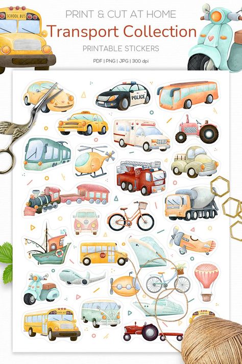 Transport stickers sheet is a digital instant download of a fun car decor stickers collection. The printable stickers sheet is hand-drawn and ready for print. There are 28 unique digital clipart elements on each sticker sheet. All files are sRGB and 300 dpi for clean, crisp high-resolution images ready to print. #stickers #blue #kidscrafts #yellow #traveltransportation #transportstickers #carstickers #vehiclestickers #plannerstickers #printablestickers Transport Nursery Theme, Vehicle Clipart, Cars Clipart, Art Transportation, Printable Sticker Sheets, Watercolor Clip Art, Bullet Journal Stickers, Baby Art, Cute Cars