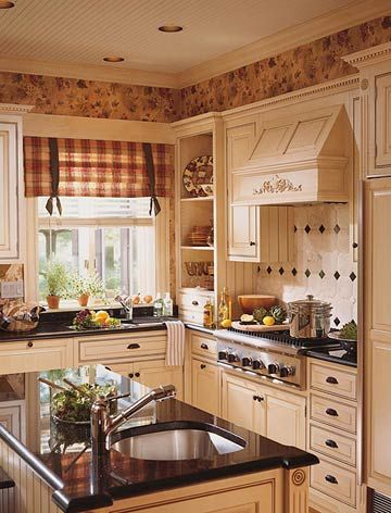 Love the colors in this kitchen - cream, red, black. Fantastic! French Country Style Kitchen, French Country Kitchen Designs, Country Kitchen Designs, Traditional Kitchen Design, Kabinet Dapur, French Country Kitchens, Cottage Kitchens, Country Style Kitchen, Country Kitchen Decor