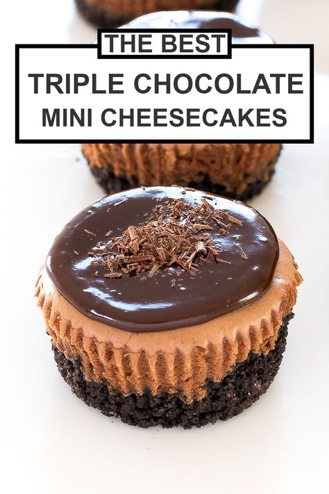 Triple Chocolate Mini Cheesecakes. Oreo Cookie crust layered with chocolate cheesecake and topped with a chocolate ganache. Ready in just an hour. Perfect for chocolate lovers! Try them for the Christmas holiday season or Valentine's Day. | chefsavvy.com #chocolate #cheesecake #triplechocolate #dessert #christmas #valentines Chocolate Mini Cheesecakes, Mini Chocolate Cheesecakes, Artistic Food, Paris Bakery, Triple Chocolate Cheesecake, Chocolate Peanut Butter Desserts, Holidays Recipes, Easy No Bake Cheesecake, Mini Cheesecake Recipes