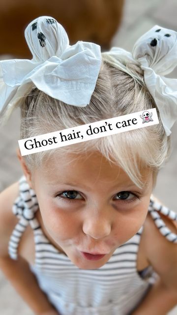 Diy Toddler Ghost Costume Girl, Ghost Pigtails, Kids Ghost Costume Girl, Ghost Buns Hair Kids, Toddler Halloween Hairstyles, Toddler Ghost Costume Girl, Toddler Halloween Hair, Ghost Hair Buns, Ghost Buns Hair