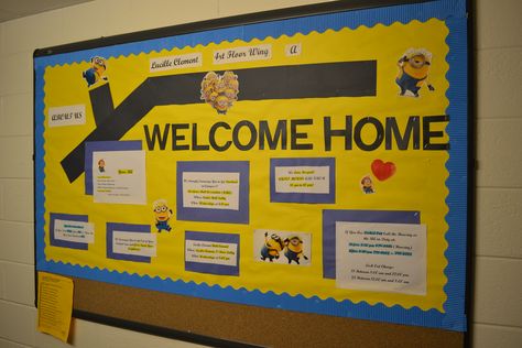 Minion-inspired "Welcome Home" bulletin board at ETSU's Lucille Clement Hall Resident Assistant Door Decs, Ra Inspiration, College Bulletin Boards, Ra Themes, Ra Bulletins, Ra Bulletin Boards, Res Life, Resident Assistant, Door Decs