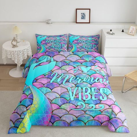 PRICES MAY VARY. Twin-size mermaid tail bed set includes 1 comforter (68 by 90 inches) and 1 pillow case (20 by 30 inches). Machine washable and tumble dryable at low temperature for easy care. Do not bleach. Soft Fabric - Little mermaid toddler bedding mermaid bedroom decor. Our mermaid scale comforter set with premium microfiber offers exceptional softness and breathability, which brings you excellent body feelings and creates a comfortable sleep for you. The material is weaved by complicated Mermaid Comforter, Mermaid Decor Bedroom, Rainbow Comforter, Women Bedroom, Rainbow Bedding, Mermaid Bedroom, Toddler Bedding, Bed Comforter Sets, Pillowcase Pattern