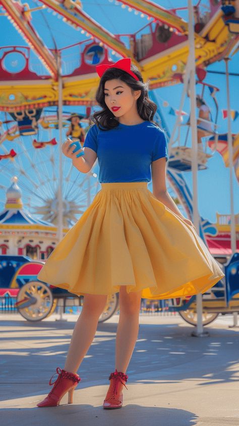 Asian woman in a blue top, yellow flair skirt, red bow, and red shoes; Disney bound outfits Red Dress Disney Princess, Snow White Casual Outfit, Cartoon Dress Up, Blue Disney Outfit, Disney Theme Outfits Women, Disney Princess Inspired Outfits Casual, Character Themed Outfits, Disney Cosplay Women, Disney Character Outfits Women