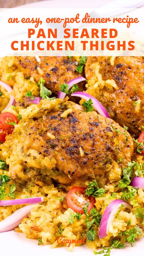 This authentic Dominican pan seared chicken thighs with rice is a flavorful and delicious dish. Juicy chicken thighs and fluffy yellow rice blend harmoniously for a meal your whole family will love. Chicken Thighs With Rice, Pan Seared Chicken Thighs, Juicy Chicken Thighs, Seared Chicken, Pan Seared Chicken, Yellow Rice, Dinner Inspiration, Food Heaven, Pan Seared