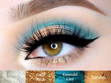 "Get this fun eyeshadow look! This looks great on all eye colors. See? I got you! ;) This look includes ROYALTY as a base on the top lid. EMERALD CITY on outer top lid and in crease. GOLD FLARE on the inner corners and brow bone and GOLD RUSH cosmetic glitter on lower lash line. Voila! *Would you like all 4 eyeshadows pressed and in a pretty palette? Go here---> https://www.etsy.com/listing/182368850/new-create-your-own-eyeshadow-palette?ref=shop_home_feat_2 Be sure to put your eyeshadow colo