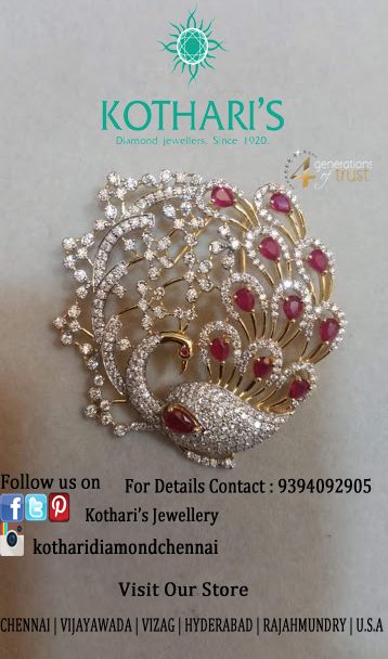 Unique design with best quality -By Kothari's Chennai Peacock Jewellery Design, Pandent Design, Saree Pin, Temple Jewellery Earrings, Peacock Jewelry, Diamond Pendants Designs, Gold Earrings Wedding, Gold Bridal Jewellery Sets, Gold Jewelry Stores