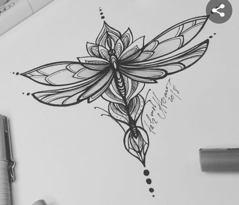 Dragonfly And Lotus Tattoo Design, Dragonfly With Lotus Tattoo, Dragonfly Tatoos Ideas, Lotus And Dragonfly Tattoo, Sternum Dragonfly Tattoo, Dragonfly And Lotus Tattoo, Dragonfly Underboob Tattoo, Lotus Dragonfly Tattoo, Dragonfly Drawing Tattoo