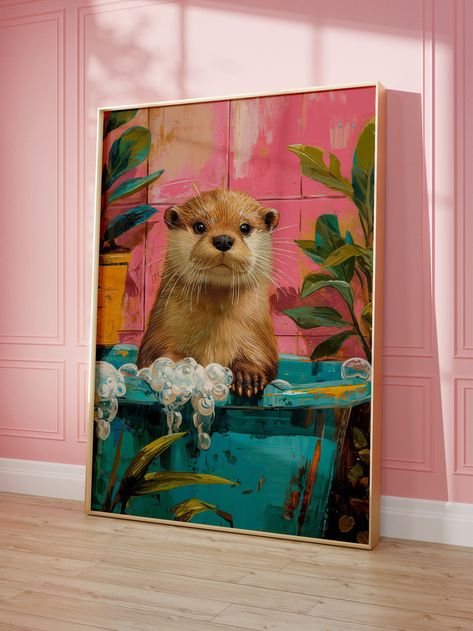 Add a touch of whimsy to your space with this delightful funny printable wall art. Featuring a charming oil painting of a cute otter in a bathtub, this adorable animal print is sure to bring smiles to any room. Perfect for bathroom decor, this instant digital download allows you to effortlessly infuse your space with playful charm and character. You will receive 1 PDF (+ bonus art) that has a Google Disc link to access 6 high-resolution JPG files at 300 DPI. These downloads come in 6 aspect rati Baby Animal Art, Funny Printables, Printable Animals, Bathroom Art, Print Store, Otters, Animal Paintings, Google Drive, Digital Artwork