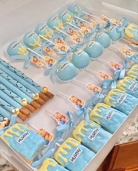 Winnie The Pooh Desserts Sweets, Winnie The Pooh Treats Sweets, Whinnie The Pooh Baby Shower Ideas Decoration Dessert Tables, Winnie The Pooh Sweets, Winnie The Pooh Favor Ideas, Blue Winnie The Pooh Baby Shower Ideas, Winnie The Pooh Baby Boy Shower Ideas, Winnie The Pooh Deserts, Baby Shower Treat Table Ideas