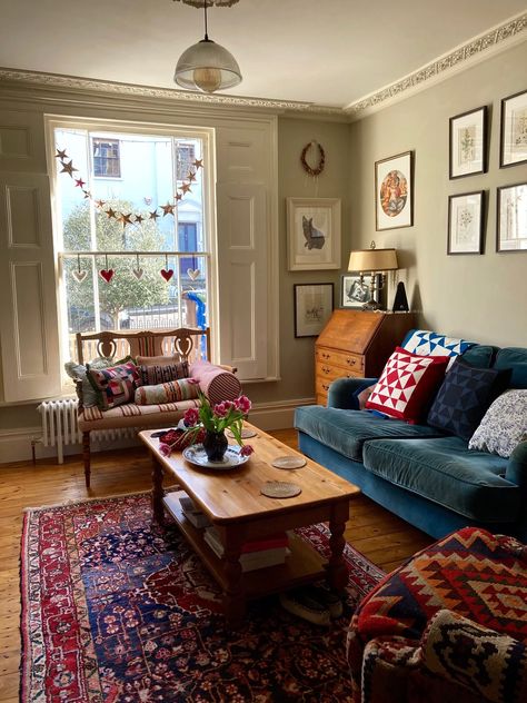 Knock Knock With Kate Owen Awkward Living Room Corner Ideas, Small London Flat Interior, Scandinavian Apartment Decor Ideas, Victorian Interior Design Living Room, Gender Neutral Apartment Decor, Folk Living Room, Uk Houses Interior, Cosy Snug Room Ideas, London Flat Interior