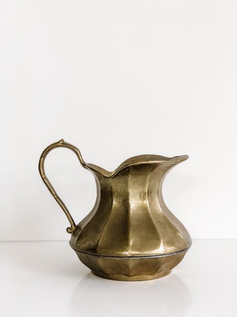 Vintage Brass Scalloped Pitcher, Antique Brass, Brass Vase, Brass Planter, Found Item Brass Utensils, Gold Utensils, Brass Shelving, Gold Jars, Brass Objects, Pitcher Decor, Brass Pitcher, Tipping Point, Dried Florals