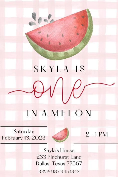 Watermelon Party Invitations, Watermelon First Birthday, Baby Birthday Photoshoot, Watermelon Birthday Parties, Watermelon Party, Watermelon Birthday, First Birthday Themes, One In A Melon, Birthday Template