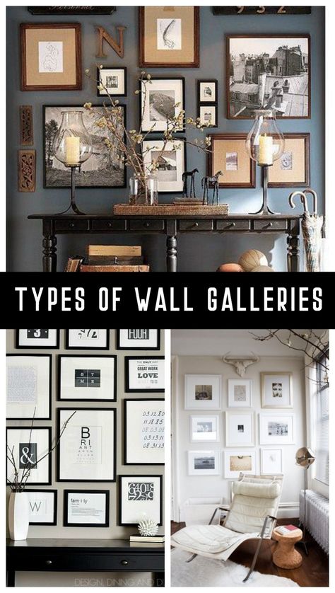 Different Types of Wall Galleries - Taryn Whiteaker Rustic Wall Picture Collage Ideas, Photo Wall Collage Lounge, Wall Collage With Big Center Picture, Vaulted Wall Decor Ideas Bedroom, Framed Art Collage Wall Ideas, Wall Decor For Basement Family Room, Photo Groupings On Wall, Picture Wall Ideas Office, Over Bed Gallery Wall