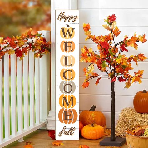 PRICES MAY VARY. Autumn Vibes: Elevate your fall aesthetic with our charming porch decoration. Featuring pumpkins, White wood grain background,the "Happy Fall" and“Welcome”slogan creates a warm ambiance that'll impress your guests. It's the perfect way to set a cozy tone and extend a heartfelt welcome. Premium Craftsmanship: Crafted from sturdy wood and framed with a 1 cm border, this handcrafted porch board hanging sign boasts vivid printing, a smooth surface, and impeccable edges. It won't fad Fall Vertical Porch Sign, Fall Wooden Signs Front Porches, Fall Porch Leaners, Fall Yard Displays, Holiday Porch Signs, House Decor Fall, Fall Farmhouse Porch, Fall Porch Signs, Farmhouse Thanksgiving Decor