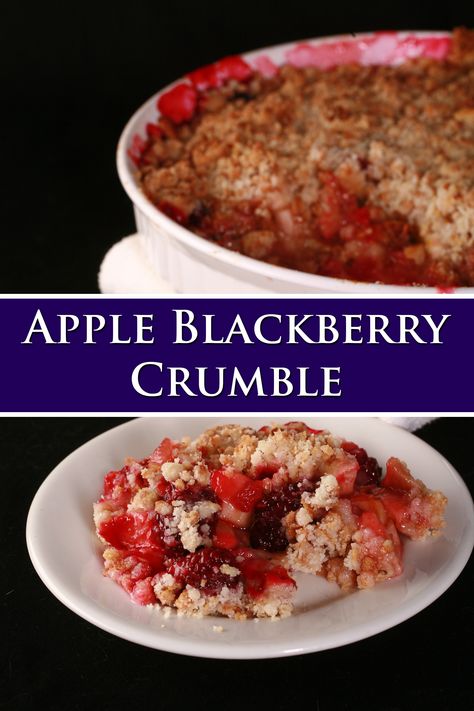 Apple blackberry crumble on a white plate.  Text overlay says Apple Blackberry Crumble. Blackberry Crumble Recipe, Apple Berry Crumble, Granola Crumble, Apple And Berry Crumble, Apple Berry, Blackberry Crumble, Super Easy Desserts, Berry Crumble, Kinds Of Desserts