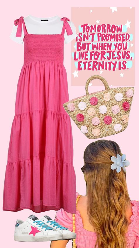 Modest Pink Outfits Aesthetic, Preppy Modest Outfits, Pink Modest Outfits, Chritian Girl Style, Cute Summer Chruch Dresses, Easy Church Outfits, Christan Girl Outfit Ideas, Pink Cottagecore Summer Dress, Teacher Appropriate Outfits